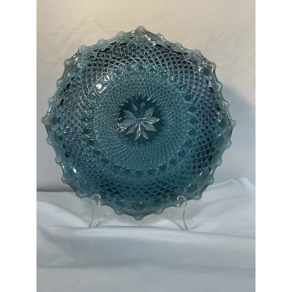 Iridescent Blue Carnival Glass Ruffled Edge Starburst Diamond Dish Plates  (2pc)